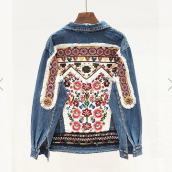 Boho Denim Blue Floral Embroidered Jean Jacket - Picture 8 of 11